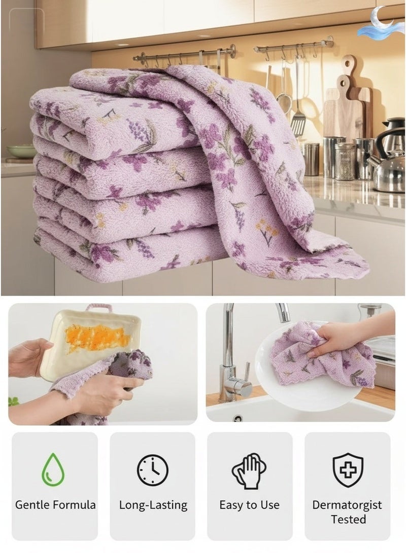 مناشف مطبخ من الصوف المرجاني بنسبة 100%، بنقشة زهور بنفسجية، مناشف أطباق ومناشف يد سميكة، فائقة النعومة وعالية الامتصاص ومقاومة للزيوت والبقع وسريعة الجفاف، 30 × 30 سم، عبوة من 4 قطع، (نقشة زهور بنفسجية) - Image 2